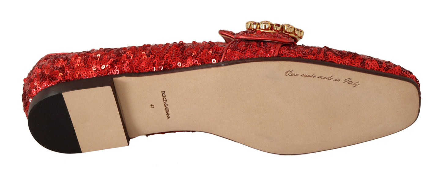 Dolce & Gabbana Sequined Red Flat Loafers with Crystal Gems