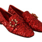 Dolce & Gabbana Sequined Red Flat Loafers with Crystal Gems