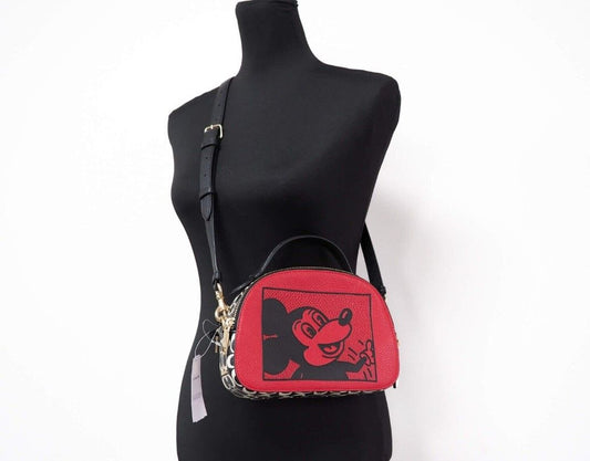 COACH Mickey Mouse X Keith Haring Serena Pebble Leather Satchel Handbag