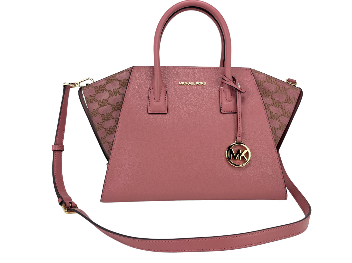 Michael Kors Avril Large Rose Signature Leather Top Zip Satchel Crossbody Bag