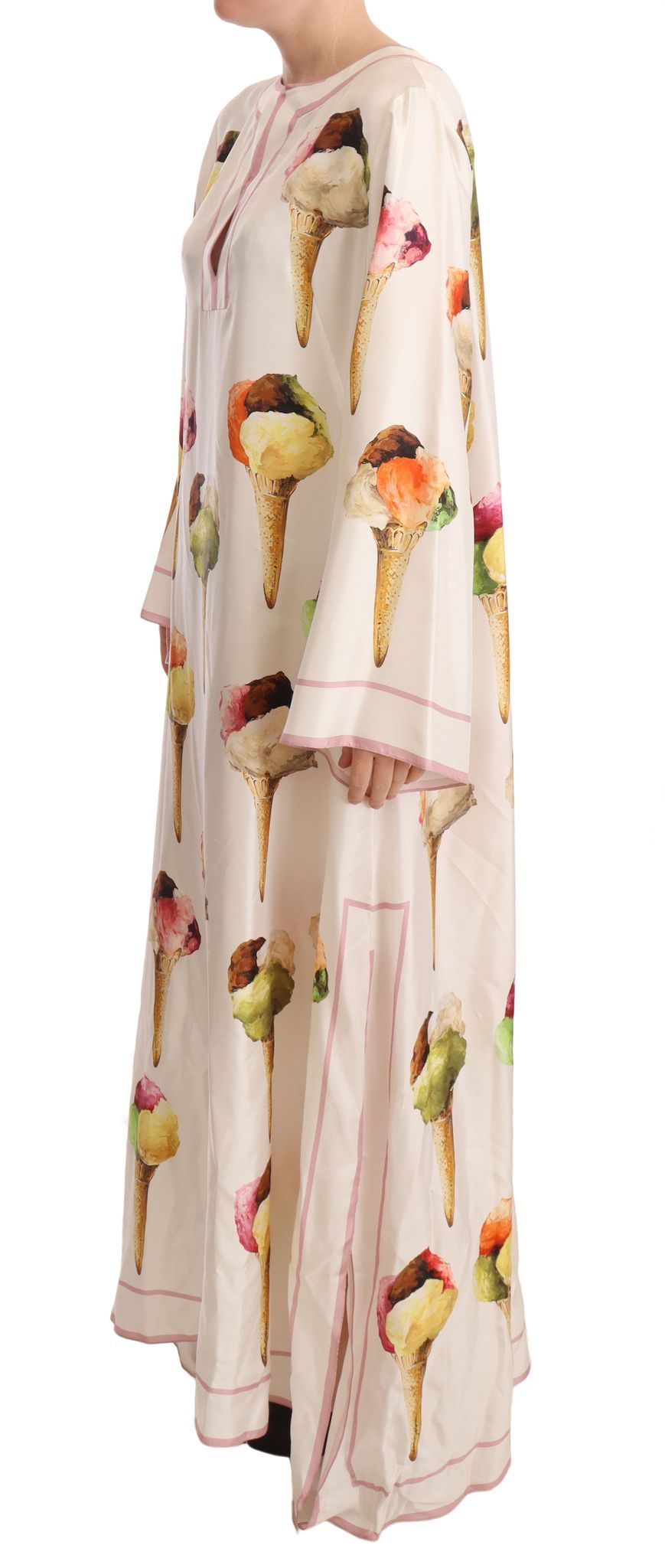 Dolce & Gabbana White Silk Ice Cream Print Maxi Kaftan Dress