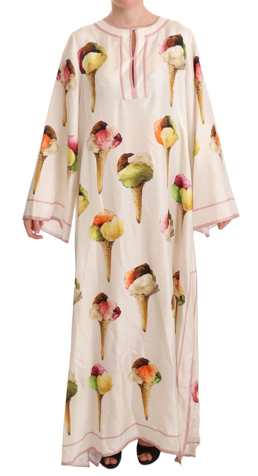 Dolce & Gabbana White Silk Ice Cream Print Maxi Kaftan Dress