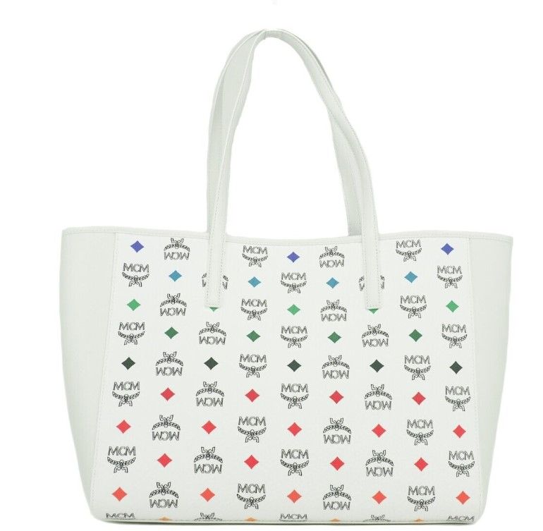 MCM Portuna Medium White Logo Visetos Tumbled Leather Multifunction Tote Handbag