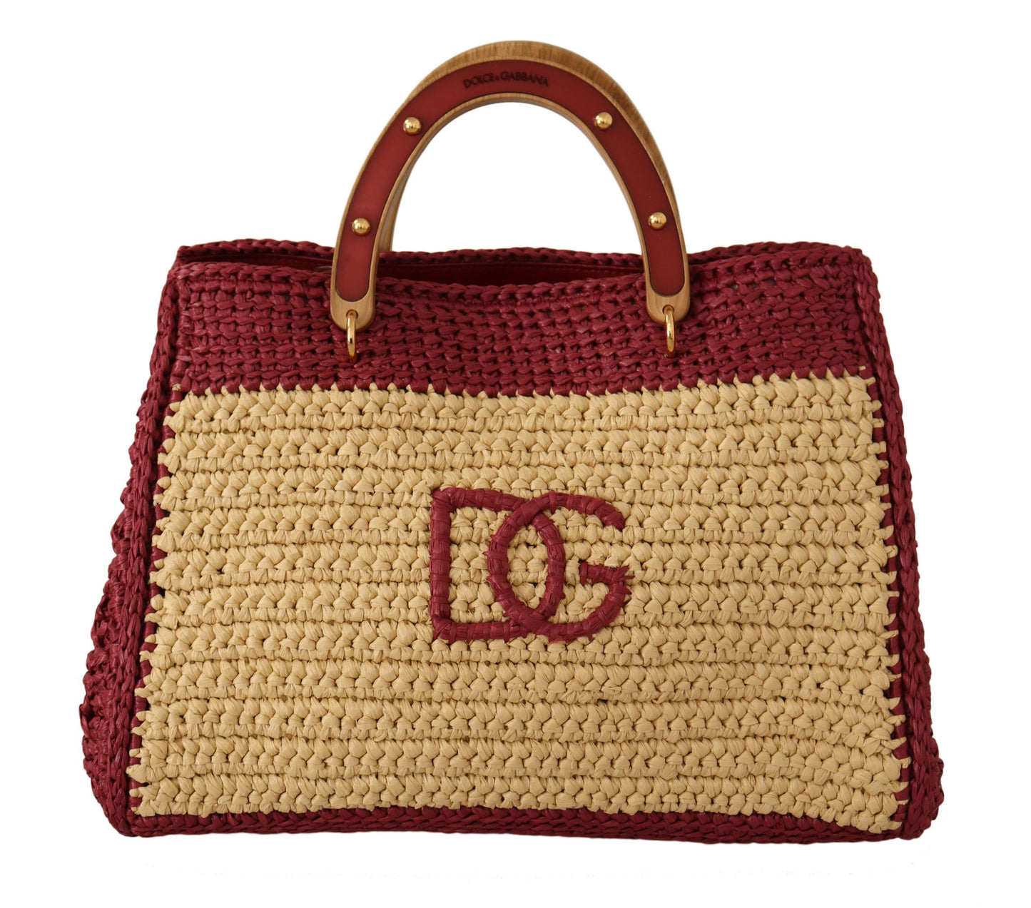 Dolce & Gabbana Chic Beige Raffia Tote with Maroon Accents