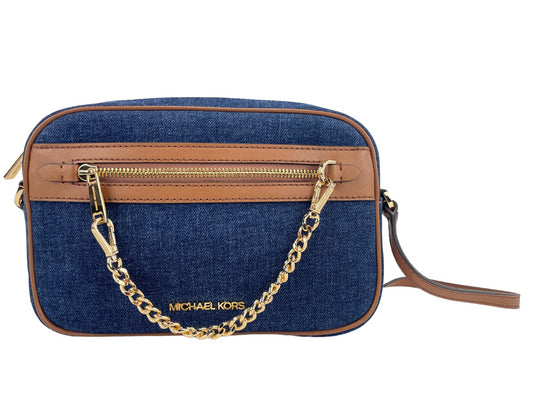 Michael Kors Jet Set Large East West Indigo Denim Zip Chain Crossbody Bag Purse