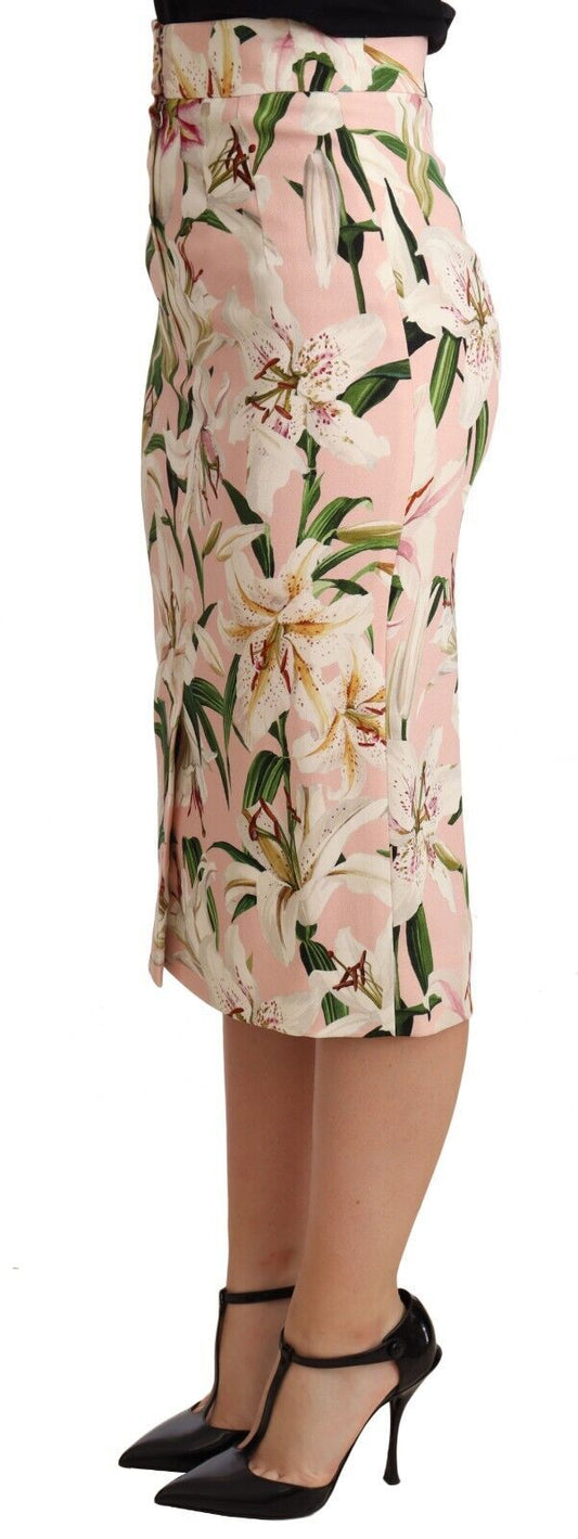 Dolce & Gabbana Elegant Pink Lily Print Midi Skirt