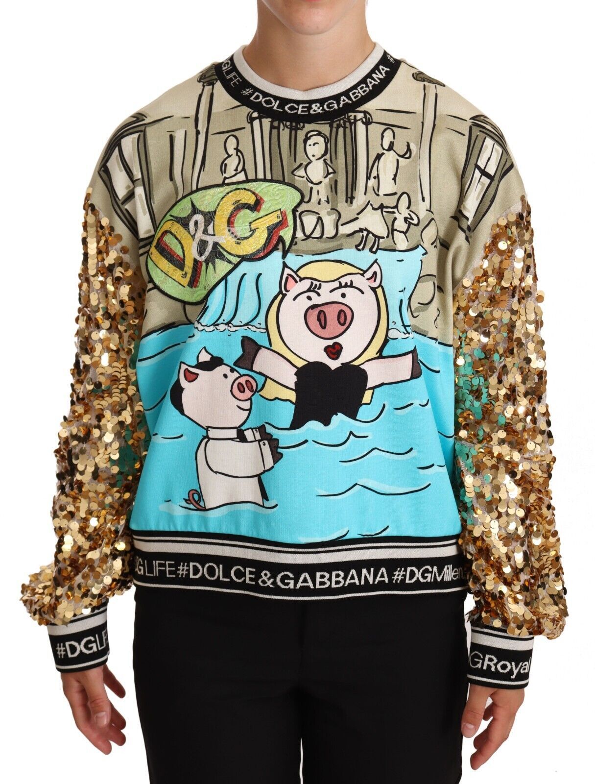 Dolce & Gabbana Multicolor Sequined Pig Print Sweatshirt