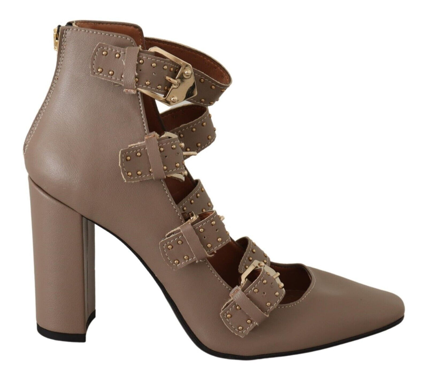 MY TWIN Elegant Leather Multi-Buckle Heels in Brown