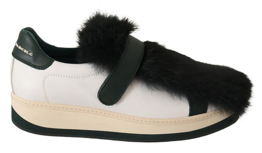 MANUEL BARCELO Elegant White Leather Fur-Trimmed Sneakers