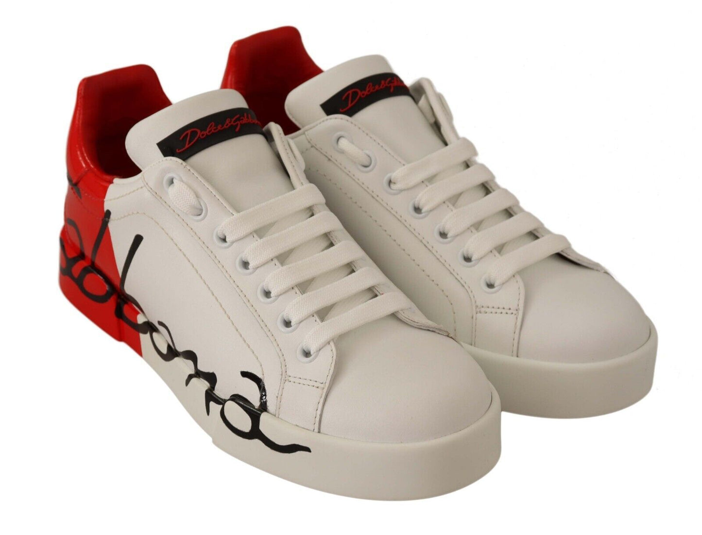 Dolce & Gabbana Elegant Portofino Leather Sneakers - Chic White and Red