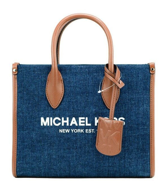 Michael Kors Mirella Small Indigo Canvas Top Zip Shopper Tote Crossbody Handbag