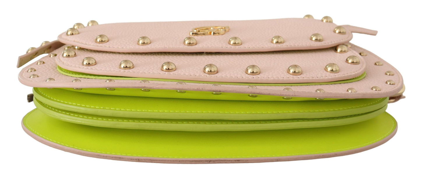 Blumarine Elegant Leather Shoulder Flap Bag in Pink & Green