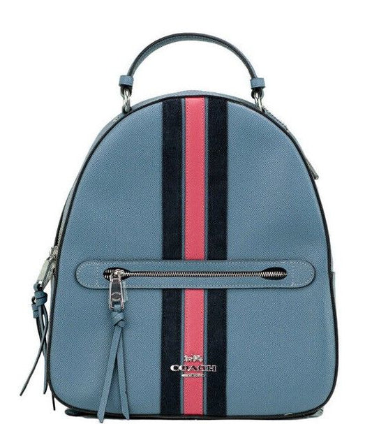 COACH Jordyn Varsity Stripe Indigo Crossgrain Leather Backpack Bookbag