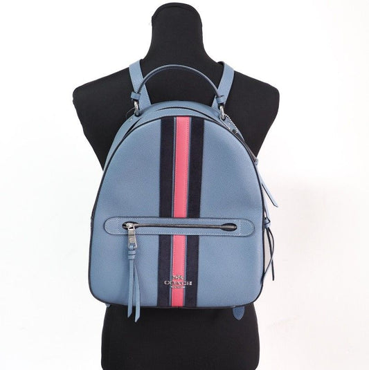 COACH Jordyn Varsity Stripe Indigo Crossgrain Leather Backpack Bookbag