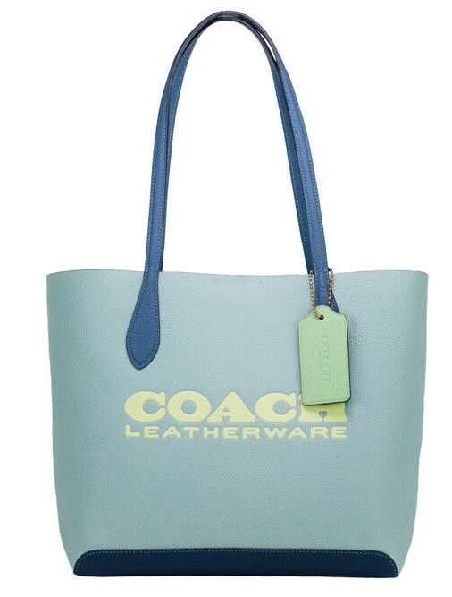 COACH Kia Medium Aqua Multi Colorblock Pebbled Leather Tote Bag Handbag