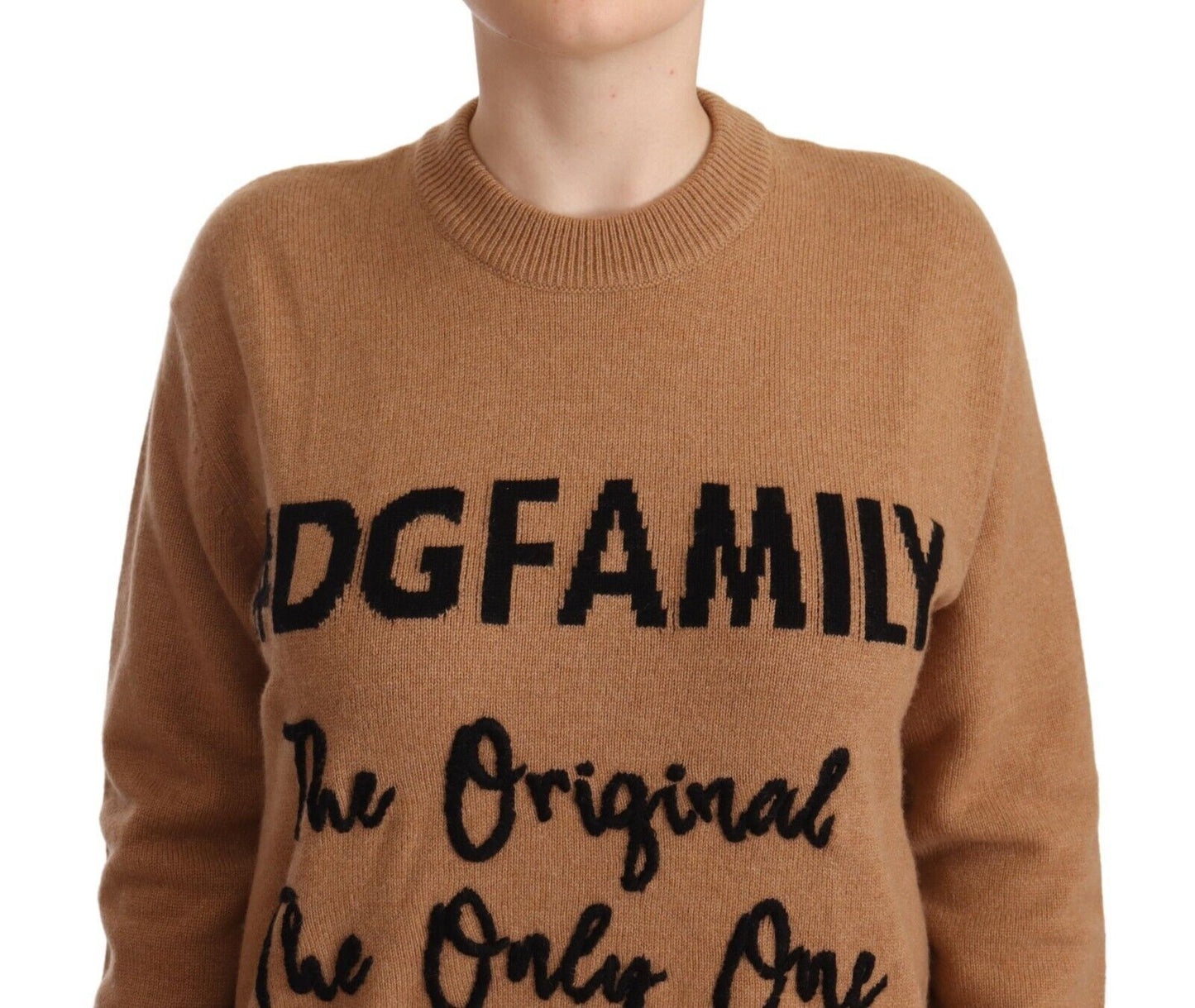 Dolce & Gabbana Chic Beige Cashmere Crewneck Sweater with #dgfamily Motive