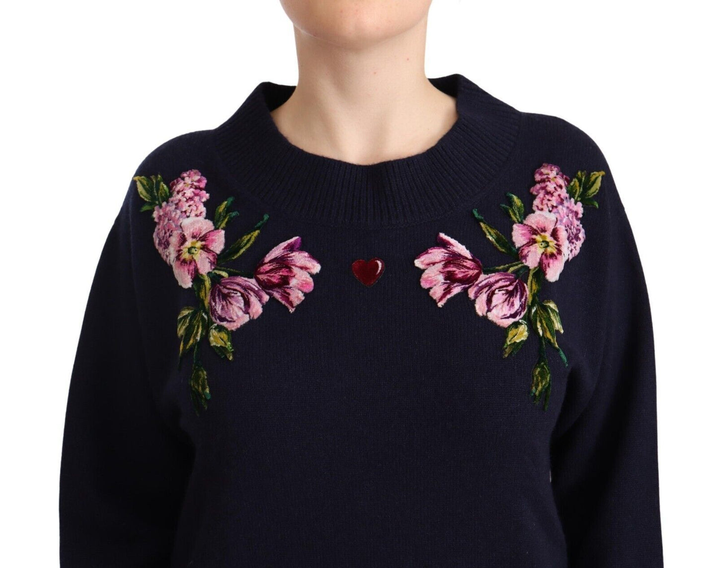 Dolce & Gabbana Floral Embroidered Blue Cashmere Sweater