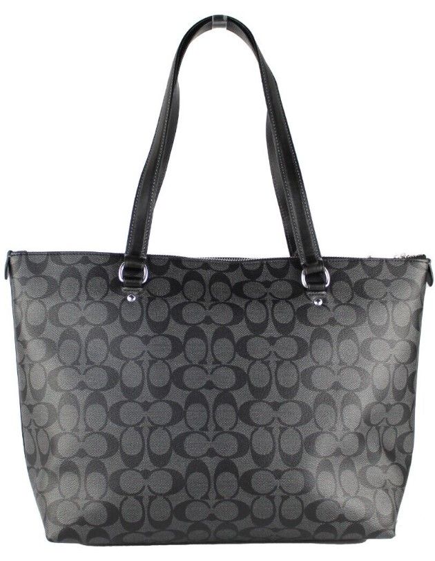 COACH Signature Coated Canvas Graphite Black Leather Gallery Tote Handbag