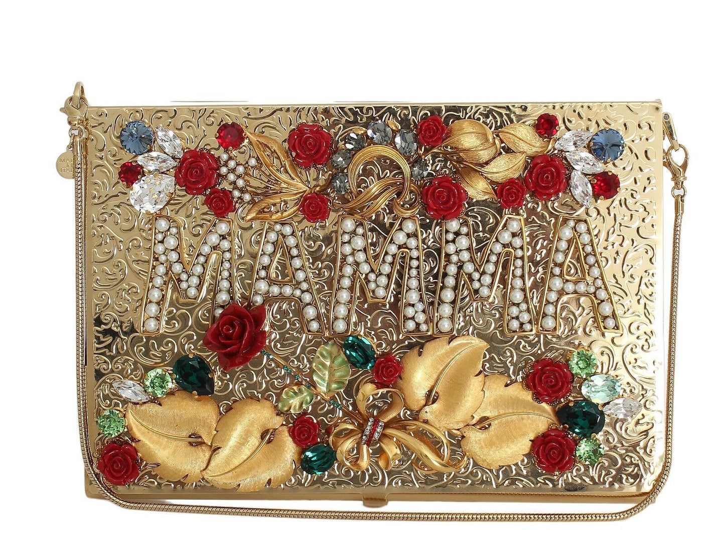 Dolce & Gabbana Elegant Gold Evening Box Clutch with Red Roses