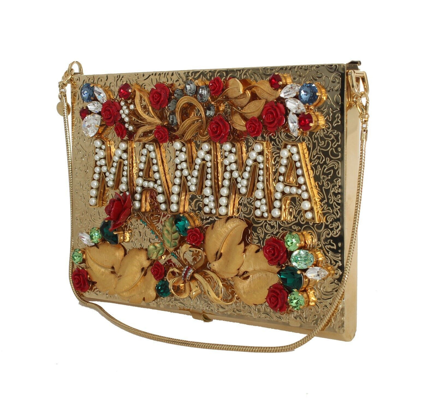 Dolce & Gabbana Elegant Gold Evening Box Clutch with Red Roses