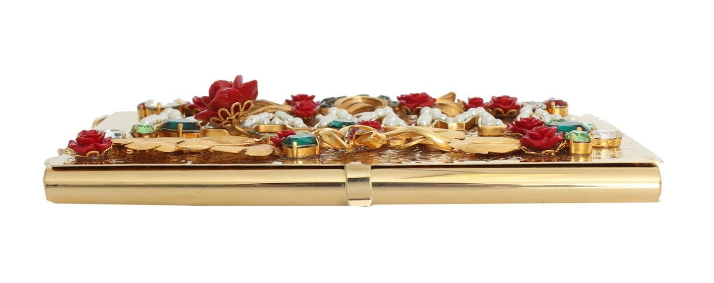 Dolce & Gabbana Elegant Gold Evening Box Clutch with Red Roses