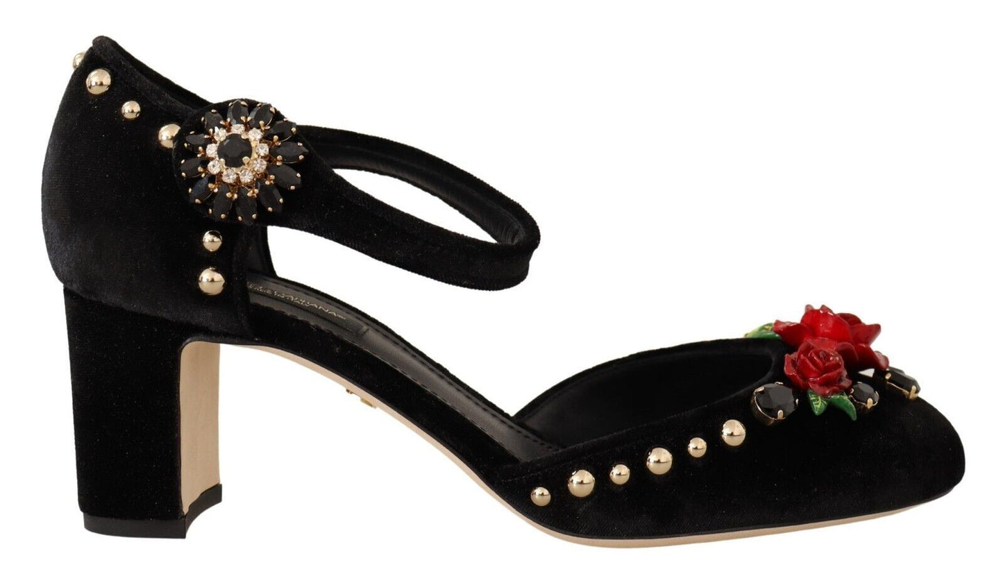 Dolce & Gabbana Elegant Velvet Studded Heels with Floral Accent