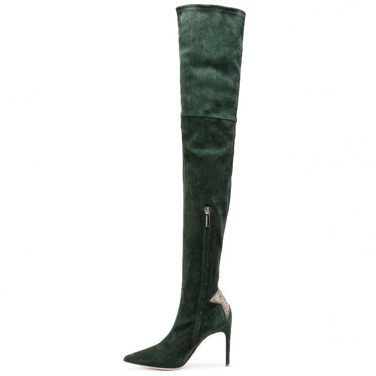 Elisabetta Franchi Chic Suede Calfskin Boots with Rhinestone Heels