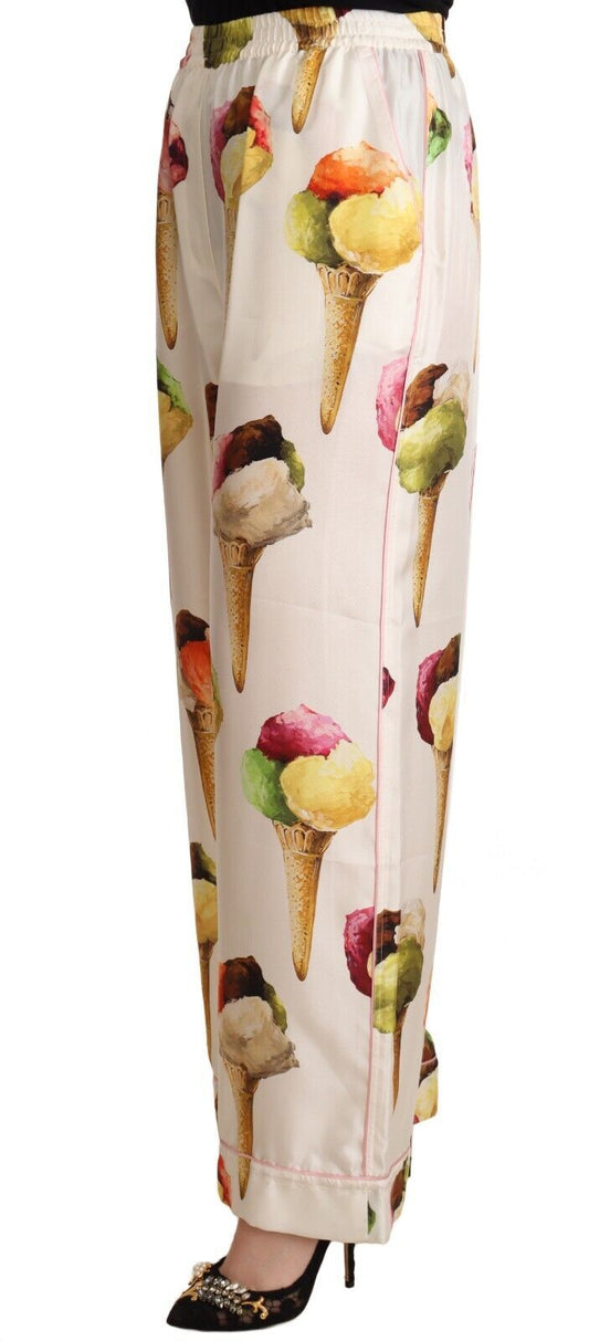 Dolce & Gabbana Elegant Silk Lounge Pants with Ice Cream Print