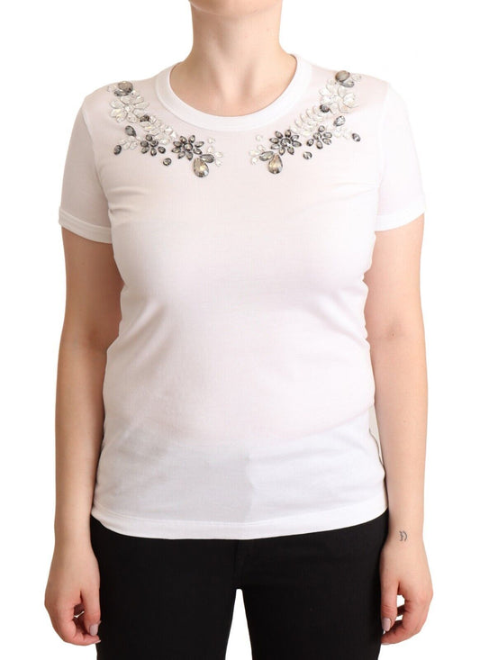 Dolce & Gabbana Crystal-Embellished White Cotton Tee