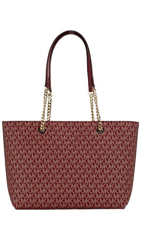 Michael Kors Jet Set Medium Chili Pale Gold PVC Front Zip Chain Tote Bag Handbag