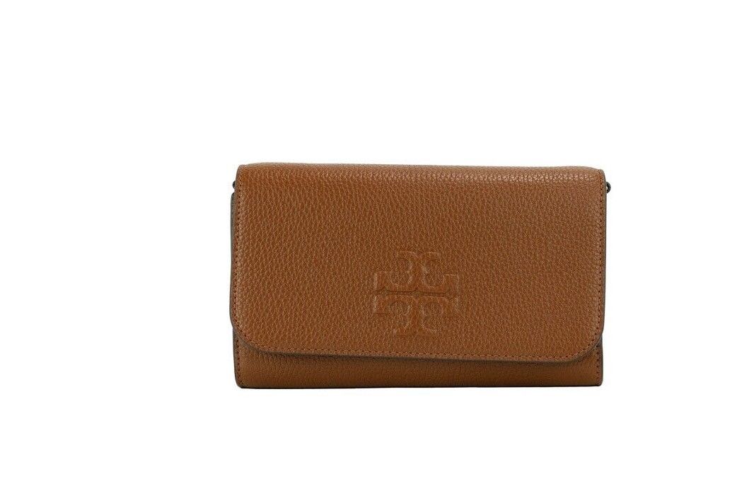 Tory Burch Thea Small Moose Pebble Leather Flat Wallet Crossbody Handbag Brown