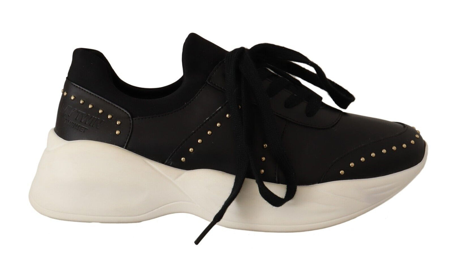 MY TWIN Chic Black Lace-Up Leather Sneakers