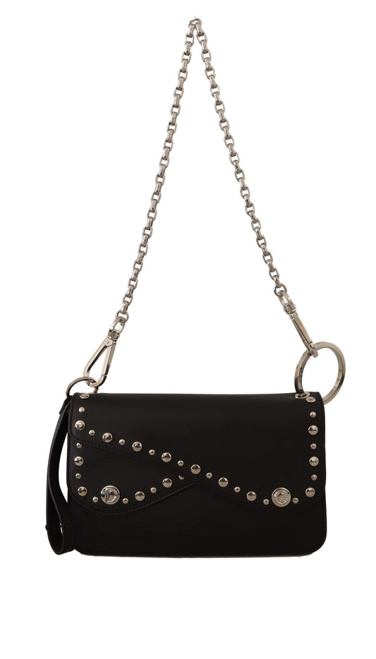 Dolce & Gabbana Elegant Black Leather Shoulder Bag with Silver Detailing