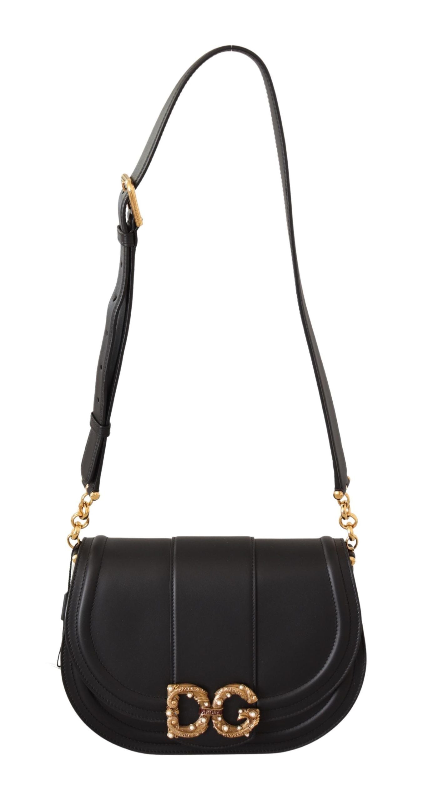 Dolce & Gabbana Elegant Black Leather Shoulder Bag with Gold Detailing