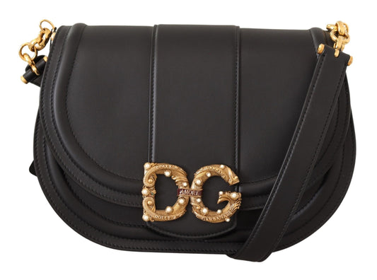 Dolce & Gabbana Elegant Black Leather Shoulder Bag with Gold Detailing