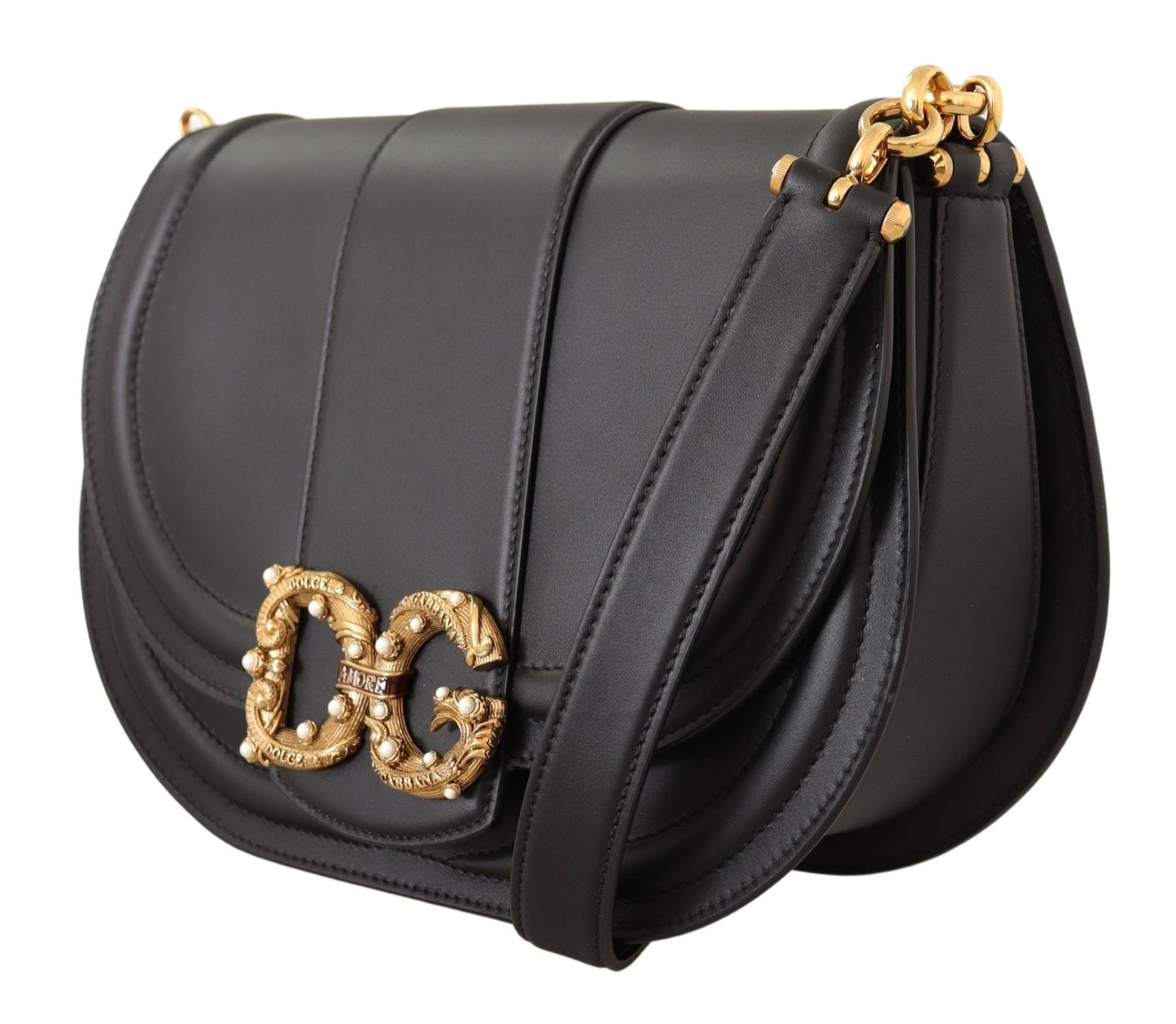 Dolce & Gabbana Elegant Black Leather Shoulder Bag with Gold Detailing