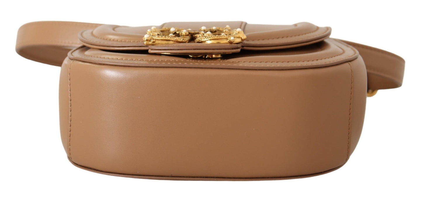 Dolce & Gabbana Elegant Beige Leather Shoulder Bag with Gold Detailing