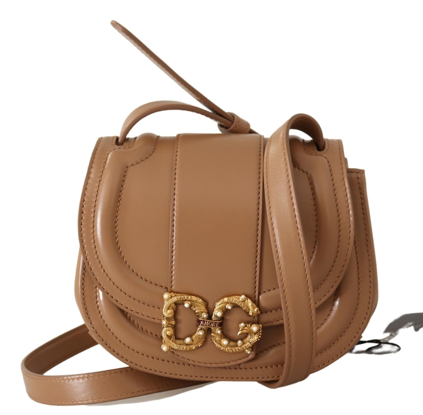 Dolce & Gabbana Elegant Beige Leather Shoulder Bag with Gold Detailing