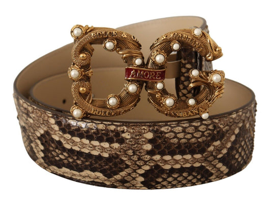 Dolce & Gabbana Elegant Beige Python & Leather Belt with Pearl Accents