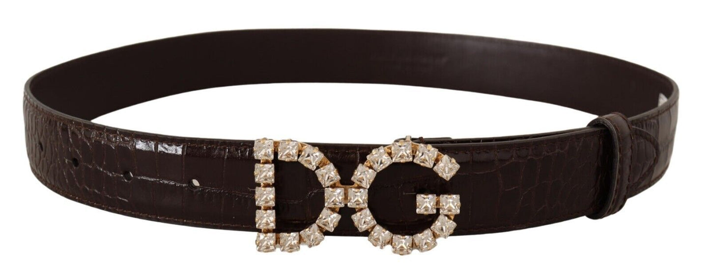 Dolce & Gabbana Crystal Buckle Crocodile Print Leather Belt