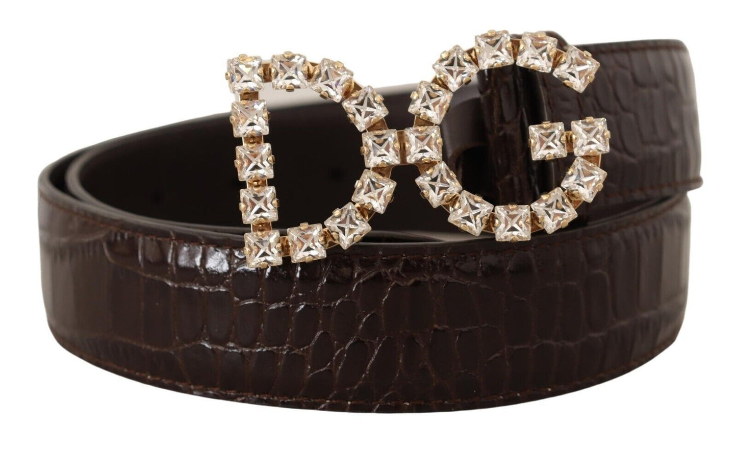 Dolce & Gabbana Crystal Buckle Crocodile Print Leather Belt