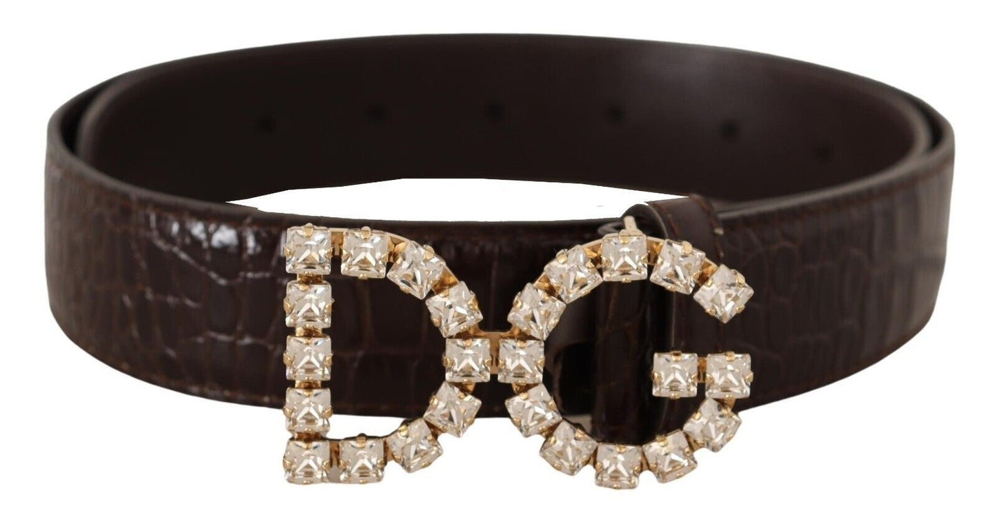 Dolce & Gabbana Crystal Buckle Crocodile Print Leather Belt