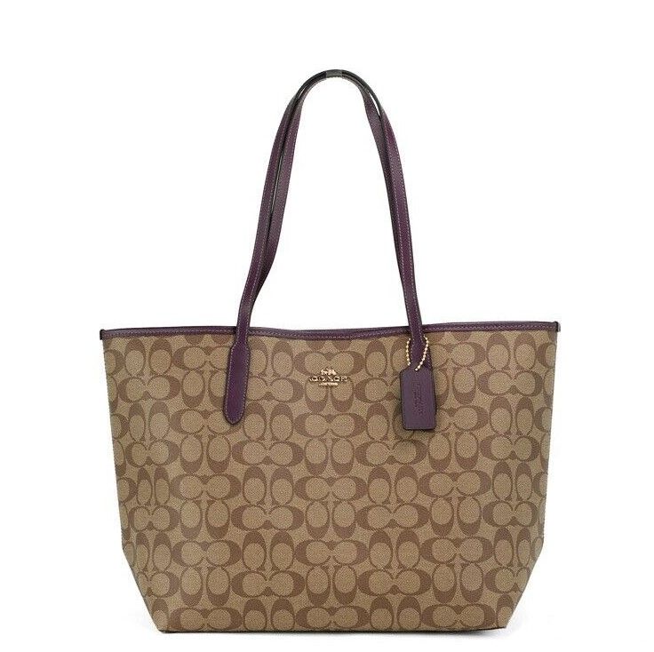 COACH Signature Coated Canvas Khaki Boysenberry City Tote Shoulder Bag