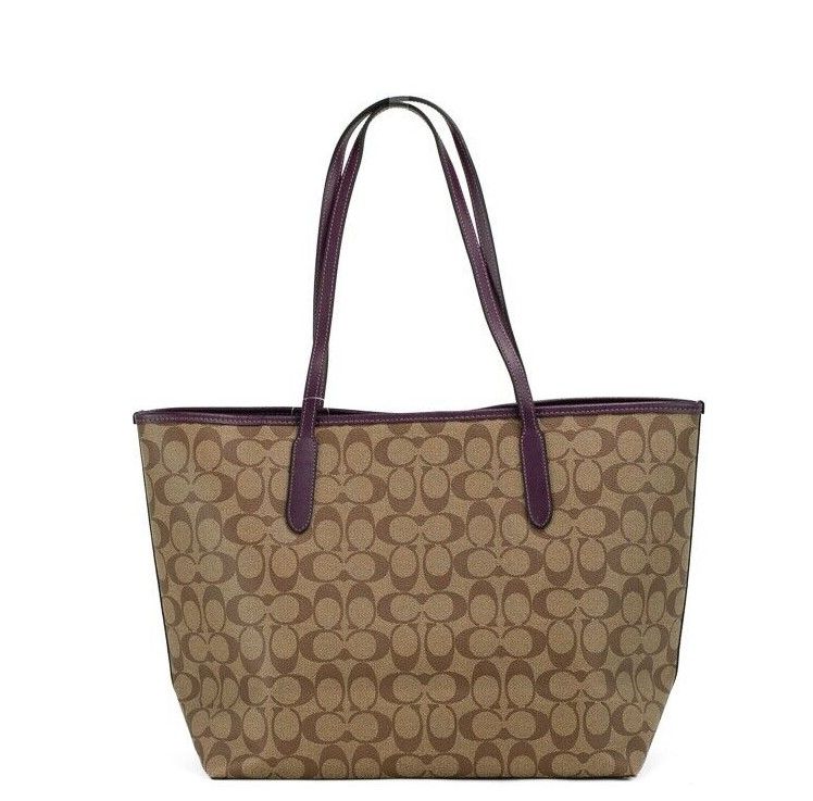 COACH Signature Coated Canvas Khaki Boysenberry City Tote Shoulder Bag