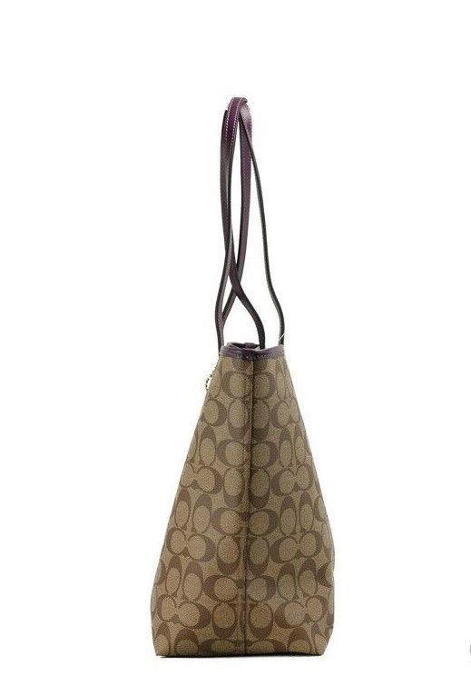 COACH Signature Coated Canvas Khaki Boysenberry City Tote Shoulder Bag