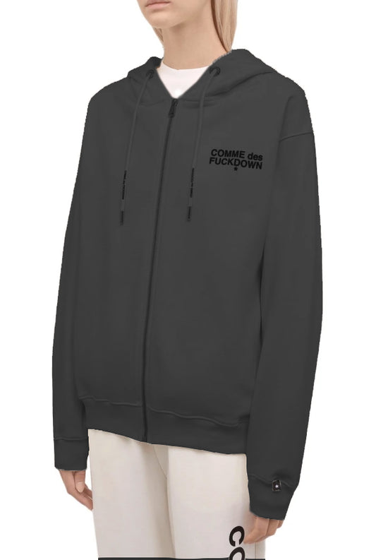 Comme Des Fuckdown Chic Gray Logo Hooded Sweatshirt with Zip Closure