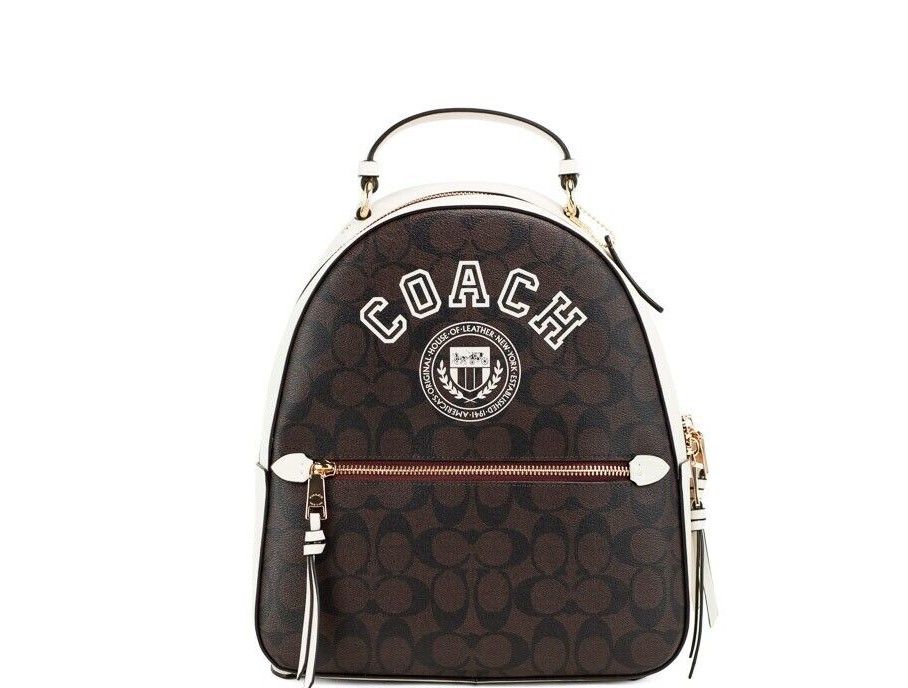 COACH Varsity Brown Chalk Signature Coated Canvas Jordyn Backpack Bag