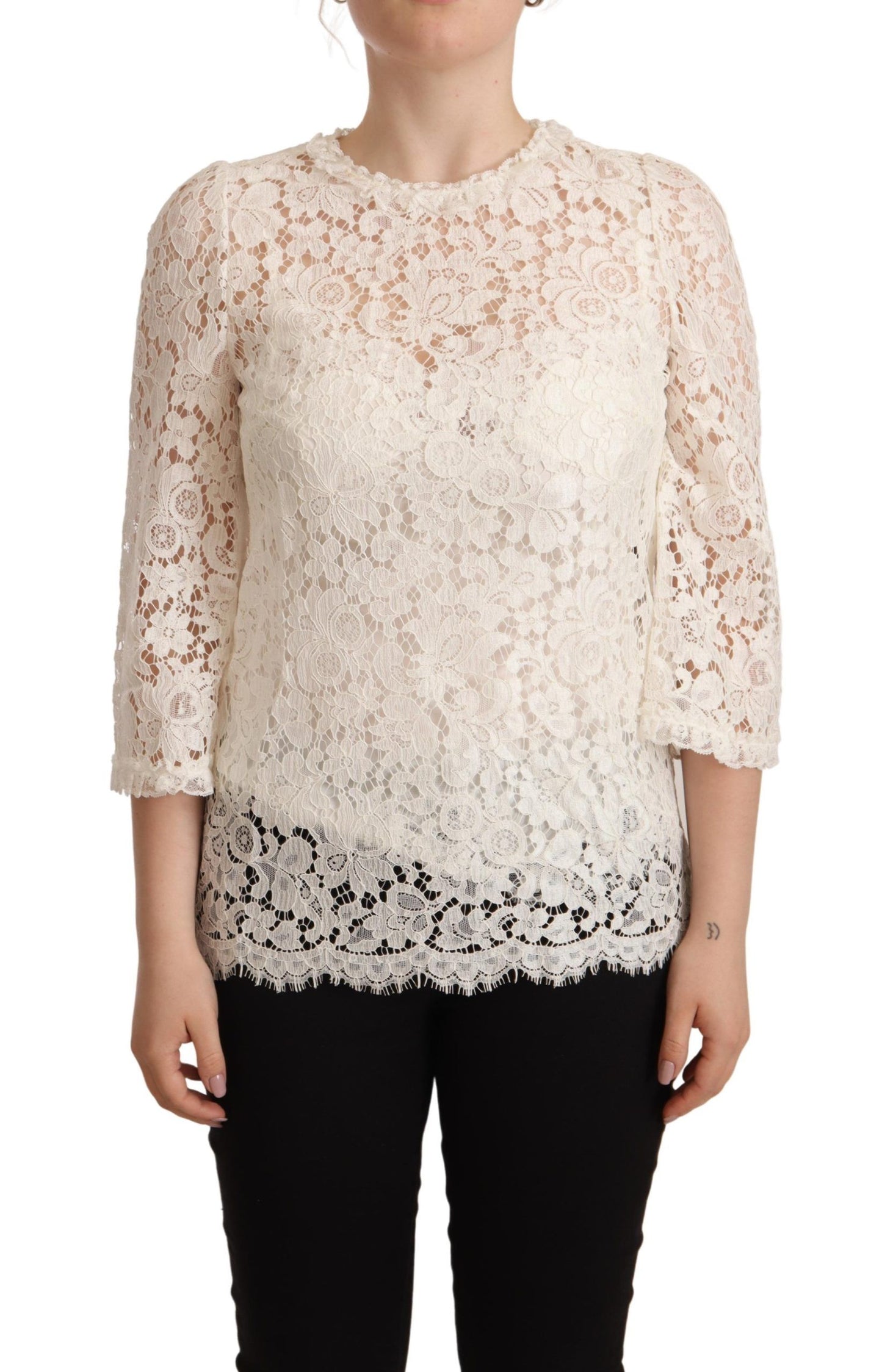 Dolce & Gabbana Elegant White Floral Lace Top with 3/4 Sleeves