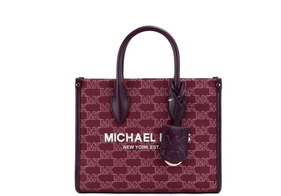 Michael Kors Mirella Small Mulberry Canvas Top Zip Shopper Tote Crossbody Bag