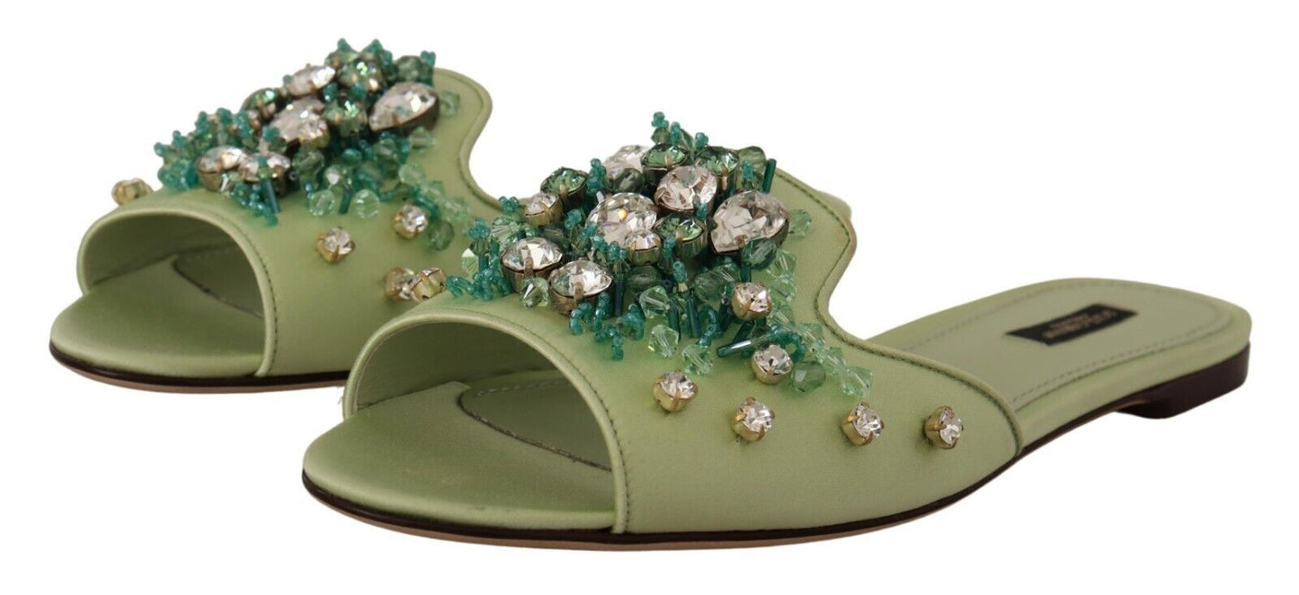 Dolce & Gabbana Elegant Crystal-Embellished Green Leather Slides